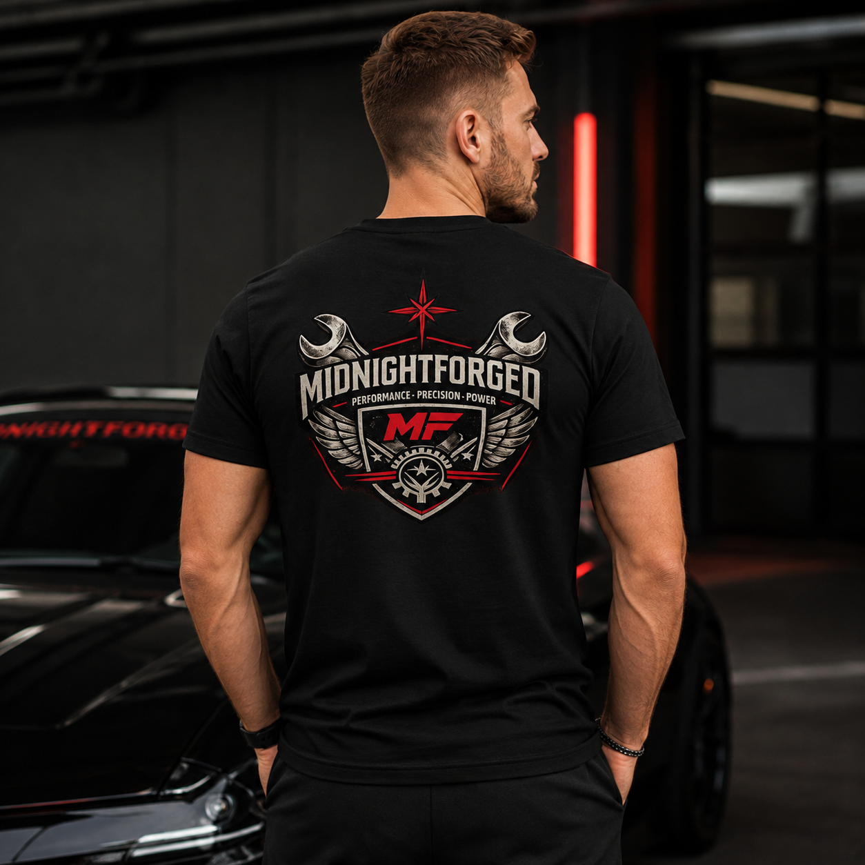 Midnight Forged T-Shirts collection featuring the Tri-Blend Garage Tee lifestyle back graphic