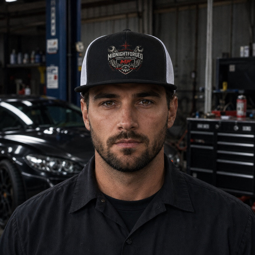 Midnight Forged trucker hat front view worn in performance garage
