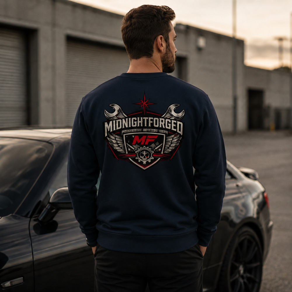 Midnight Forged navy premium garage crewneck rear view with large back crest