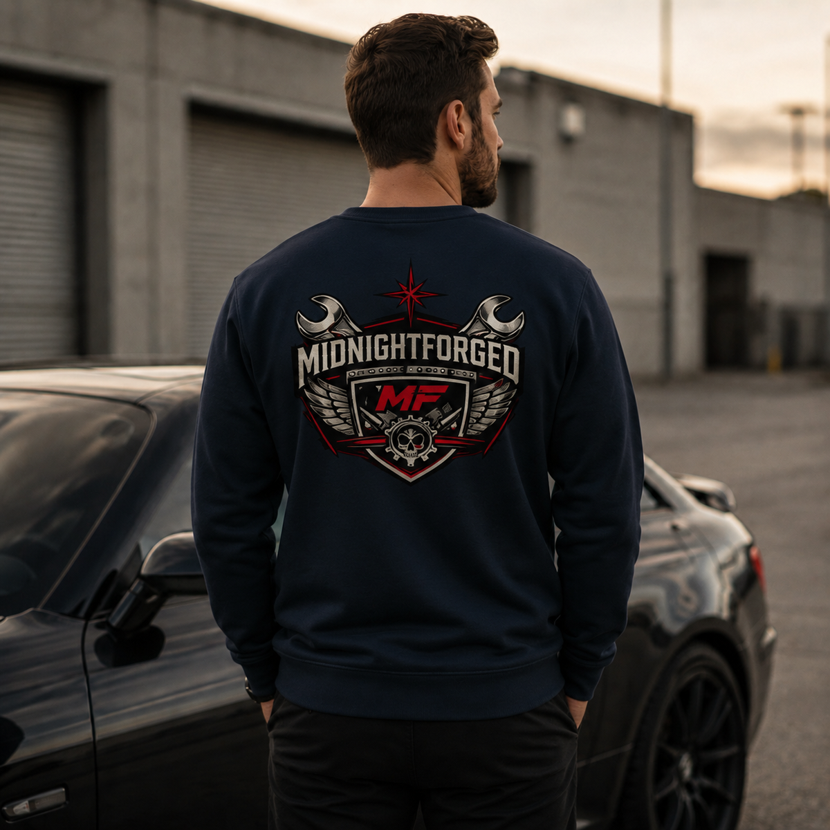 Midnight Forged navy premium garage crewneck rear view with large back crest