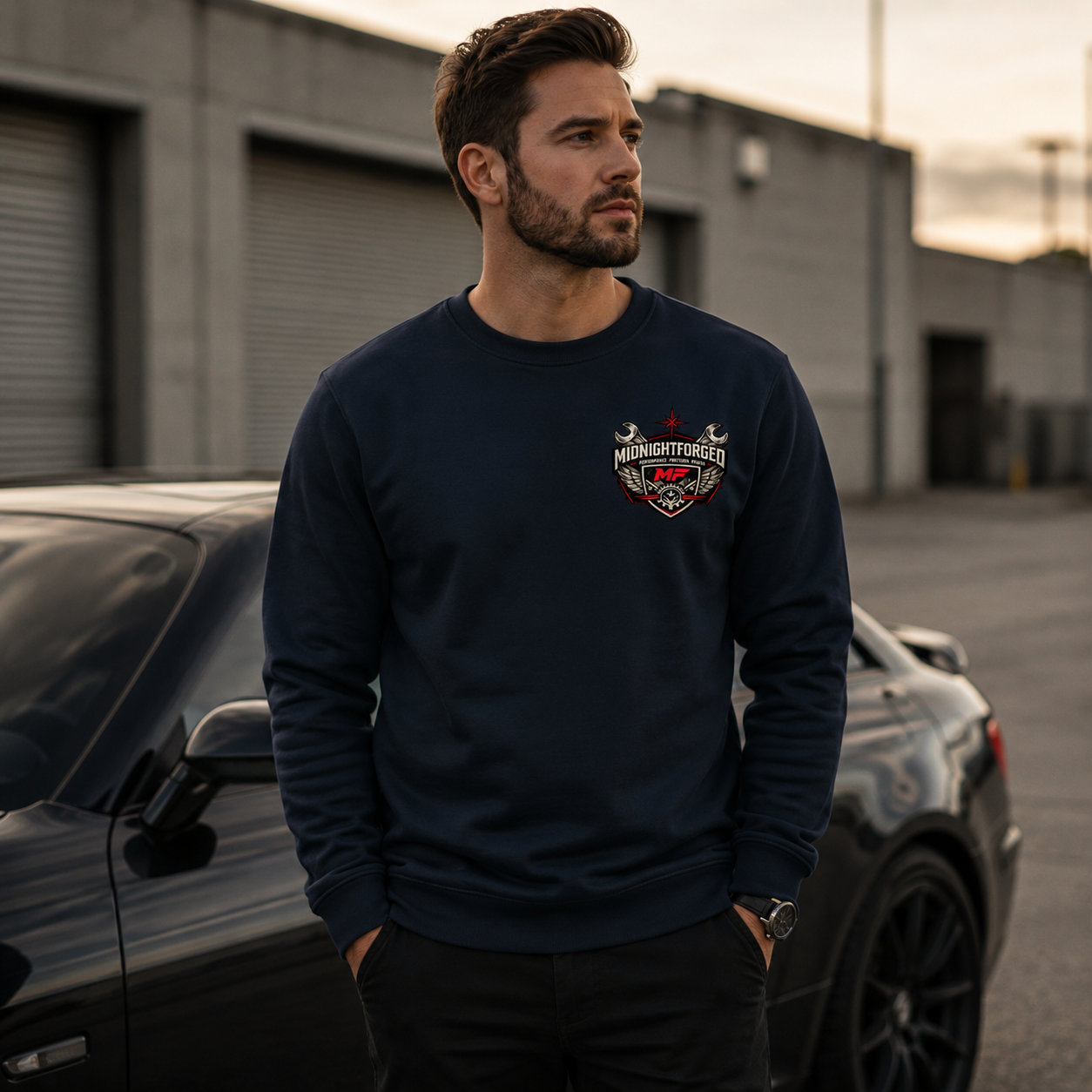 Midnight Forged Premium Garage Crewneck automotive lifestyle product card