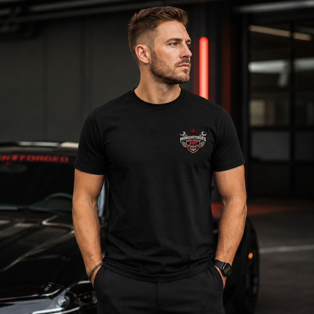 Midnight Forged Tri-Blend Garage Tee premium automotive lifestyle product card