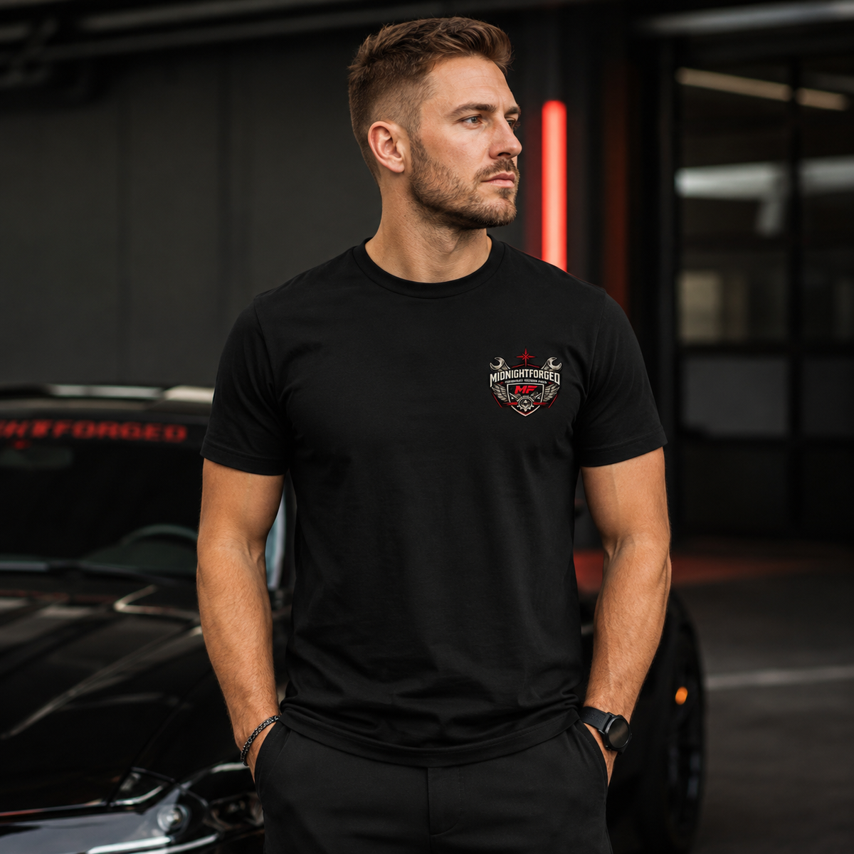 Midnight Forged Tri-Blend Garage Tee premium automotive lifestyle product card
