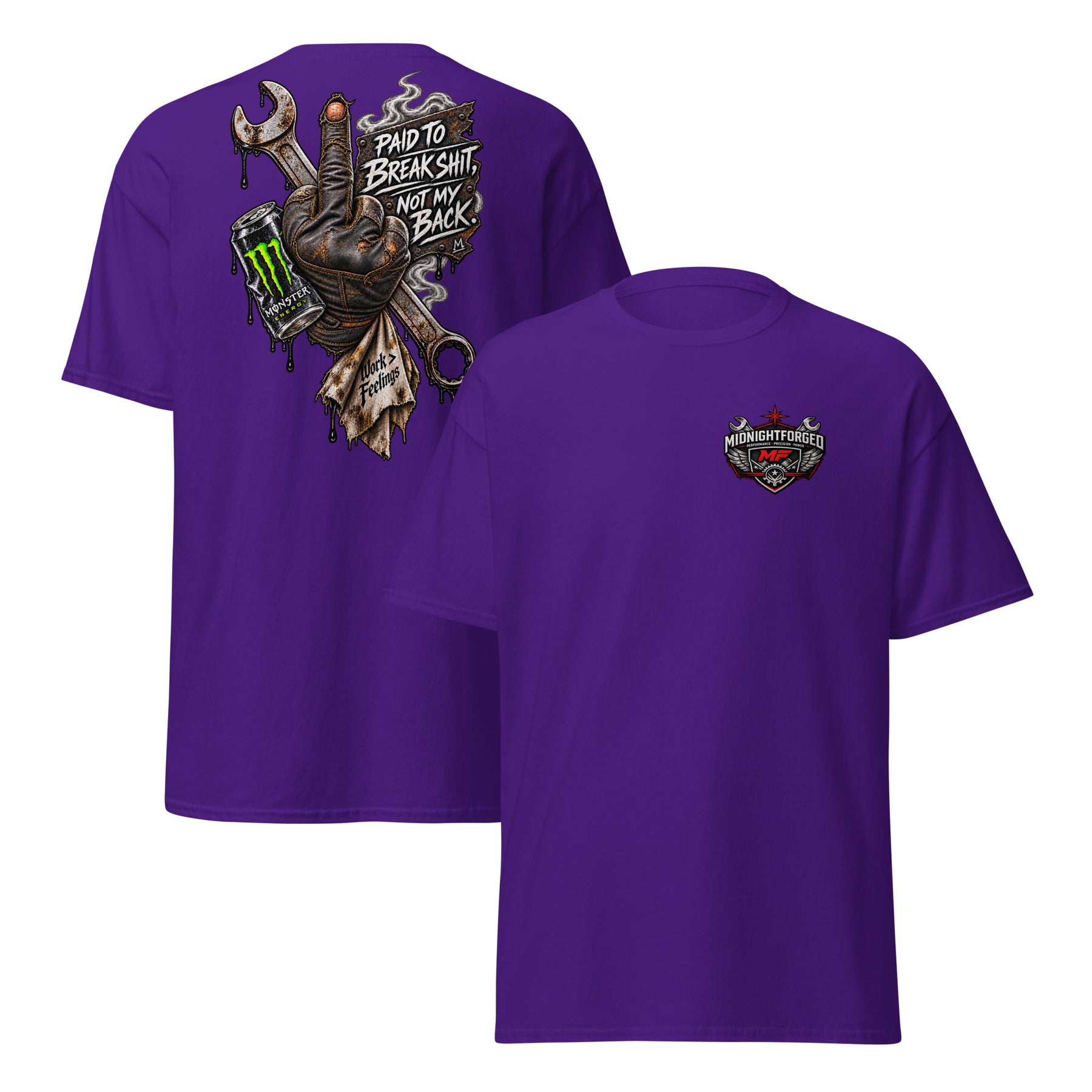 Midnight Forged Paid to Break Shit Garage Tee in Purple — front and back product view