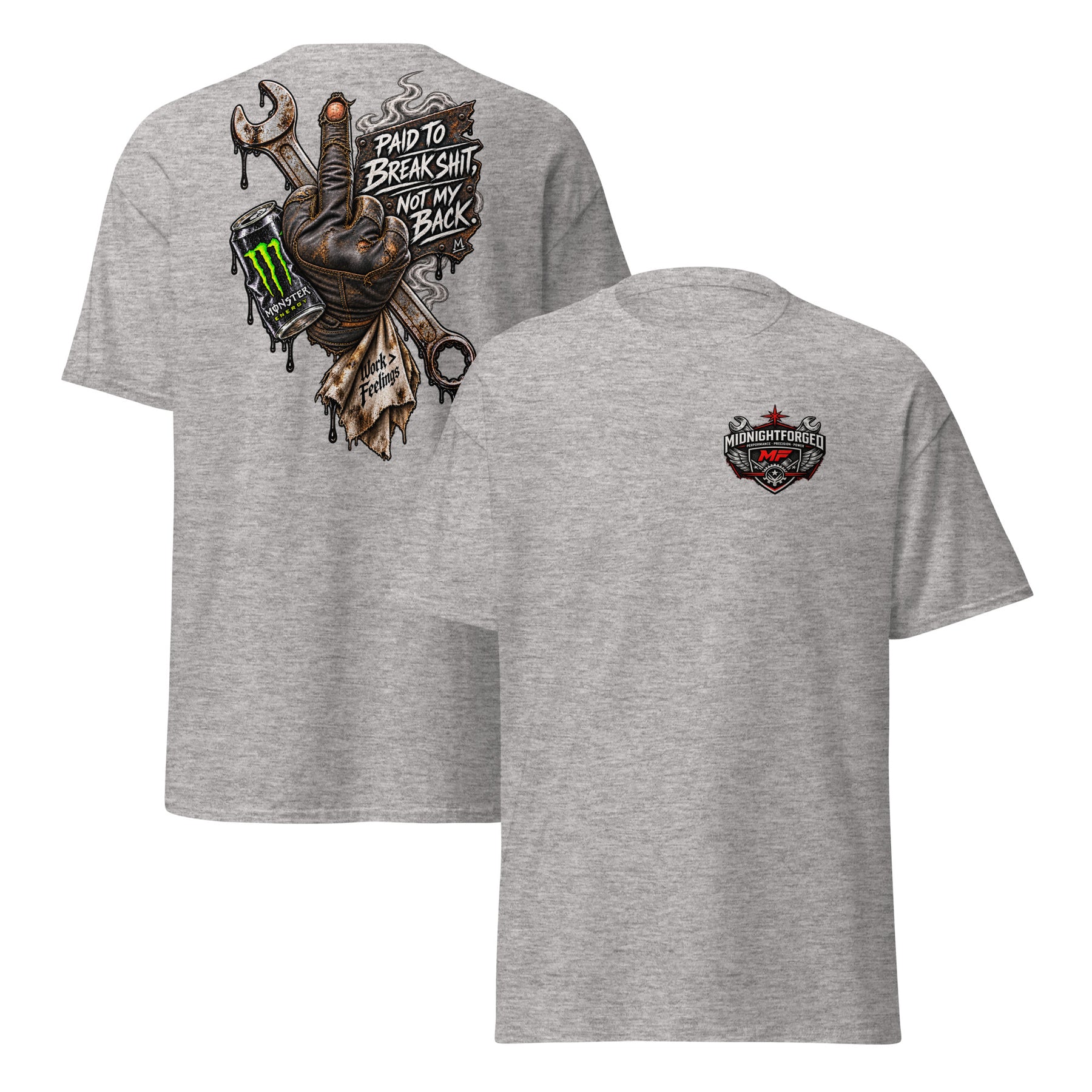 Midnight Forged Paid to Break Shit Garage Tee in Sport Grey — front and back product view