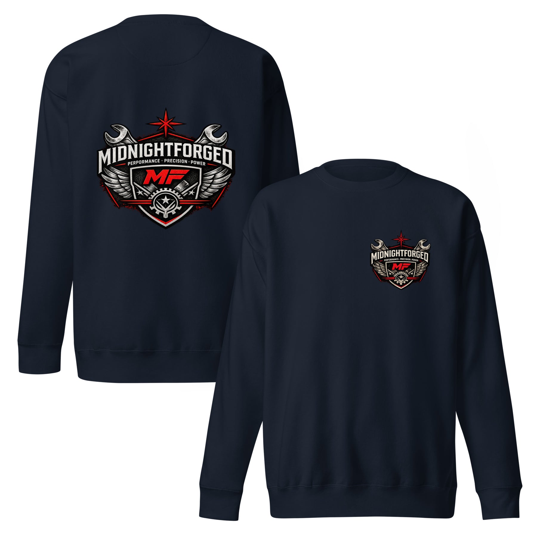 Midnight Forged Premium Garage Crewneck in Navy Blazer — front and back product view