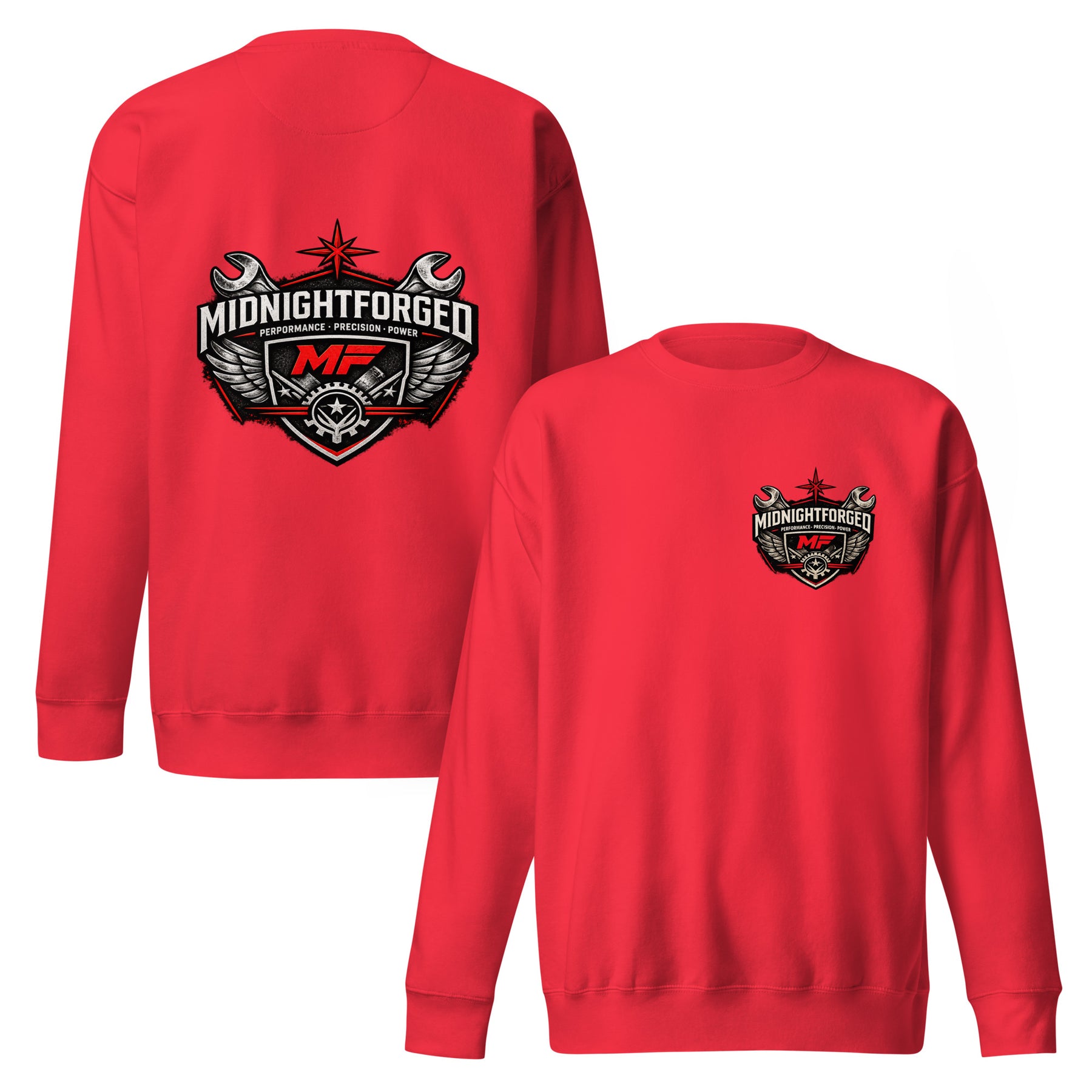 Midnight Forged Premium Garage Crewneck in Team Red — front and back product view
