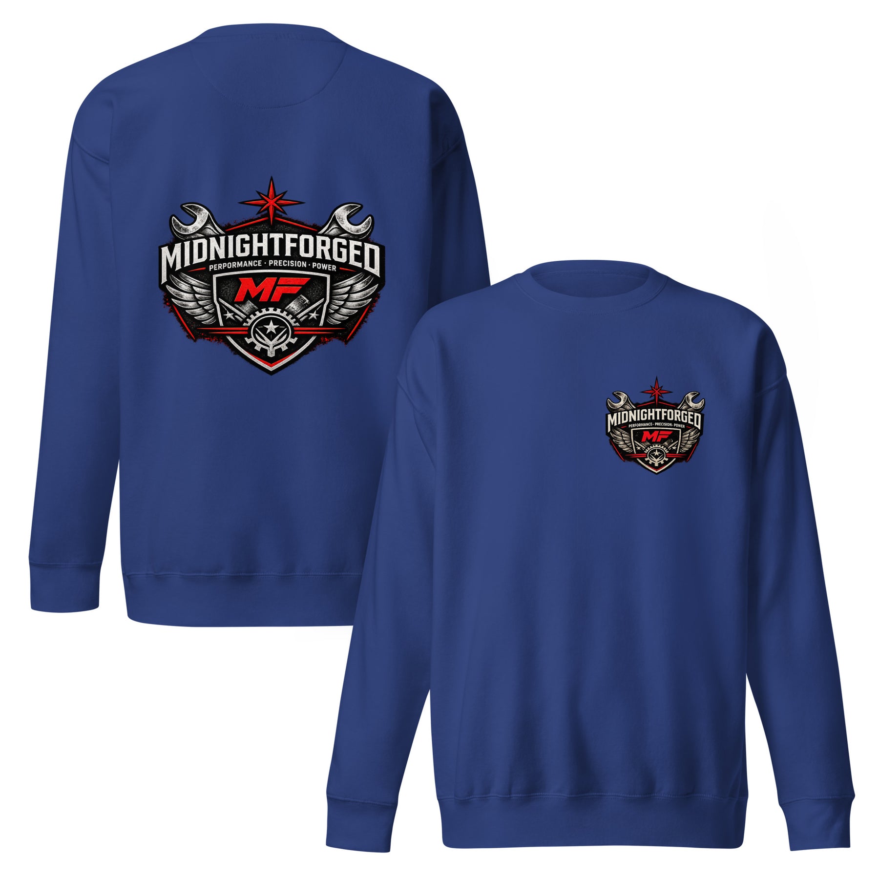 Midnight Forged Premium Garage Crewneck in Team Royal — front and back product view