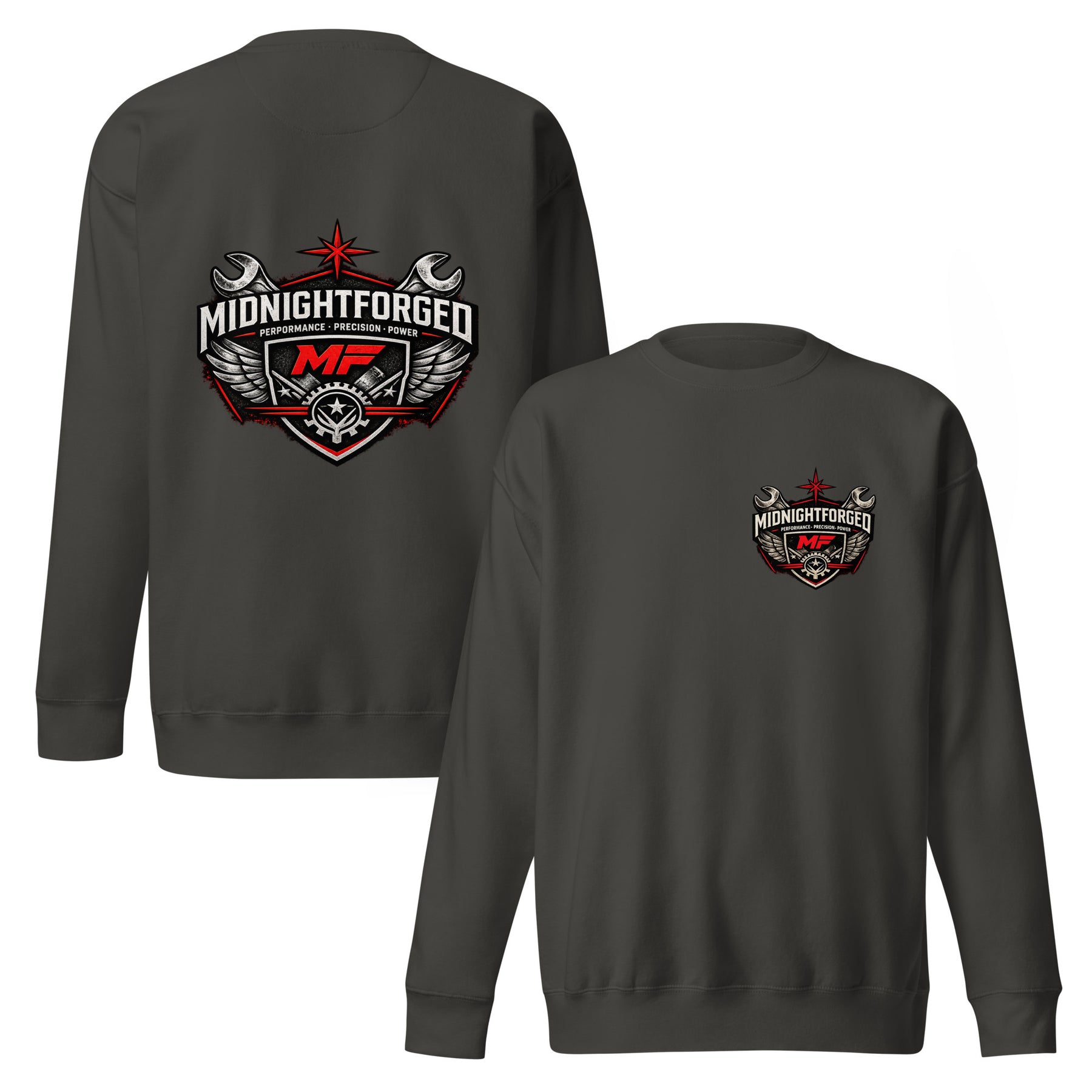 Midnight Forged Premium Garage Crewneck in Vintage Black — front and back product view