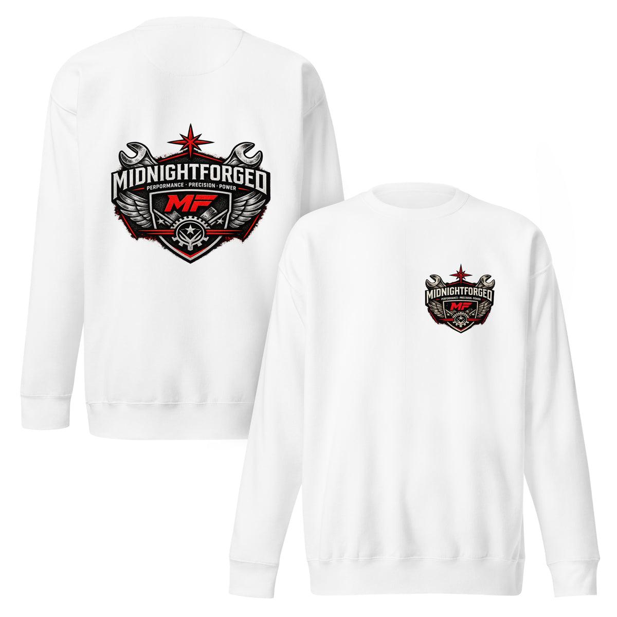 Midnight Forged Premium Garage Crewneck in White — front and back product view