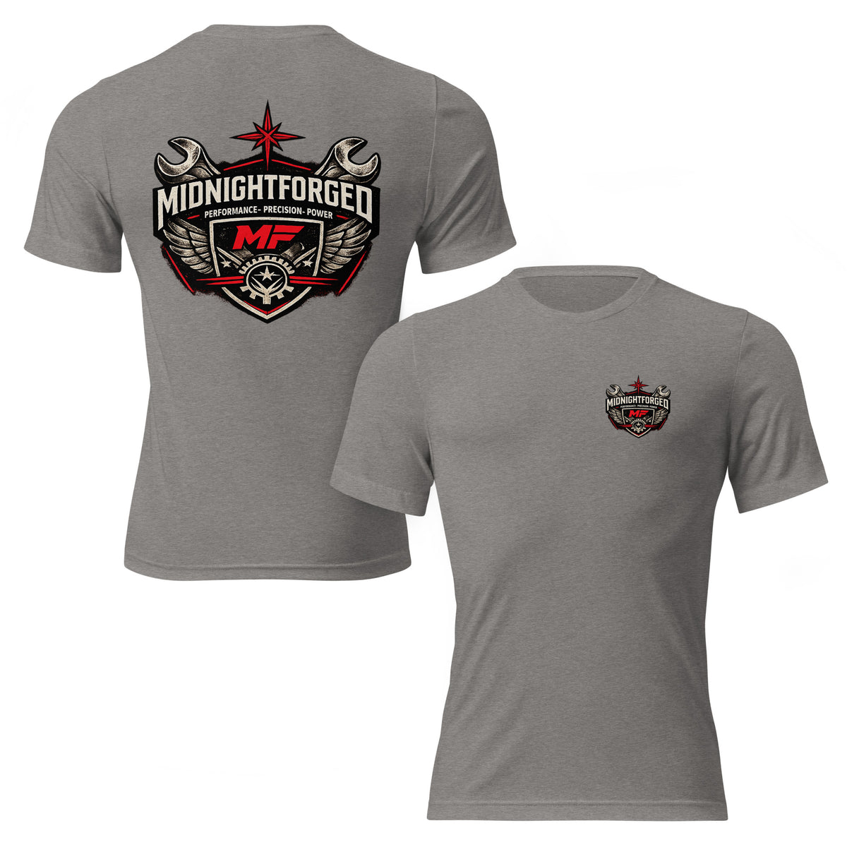 Midnight Forged Tri-Blend Garage Tee in Grey Triblend — front and back product view