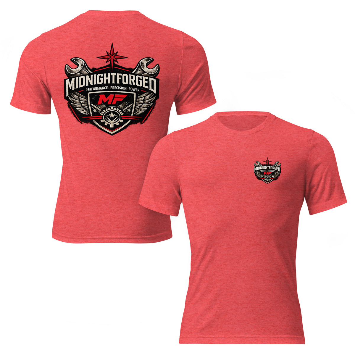 Midnight Forged Tri-Blend Garage Tee in Red Triblend — front and back product view