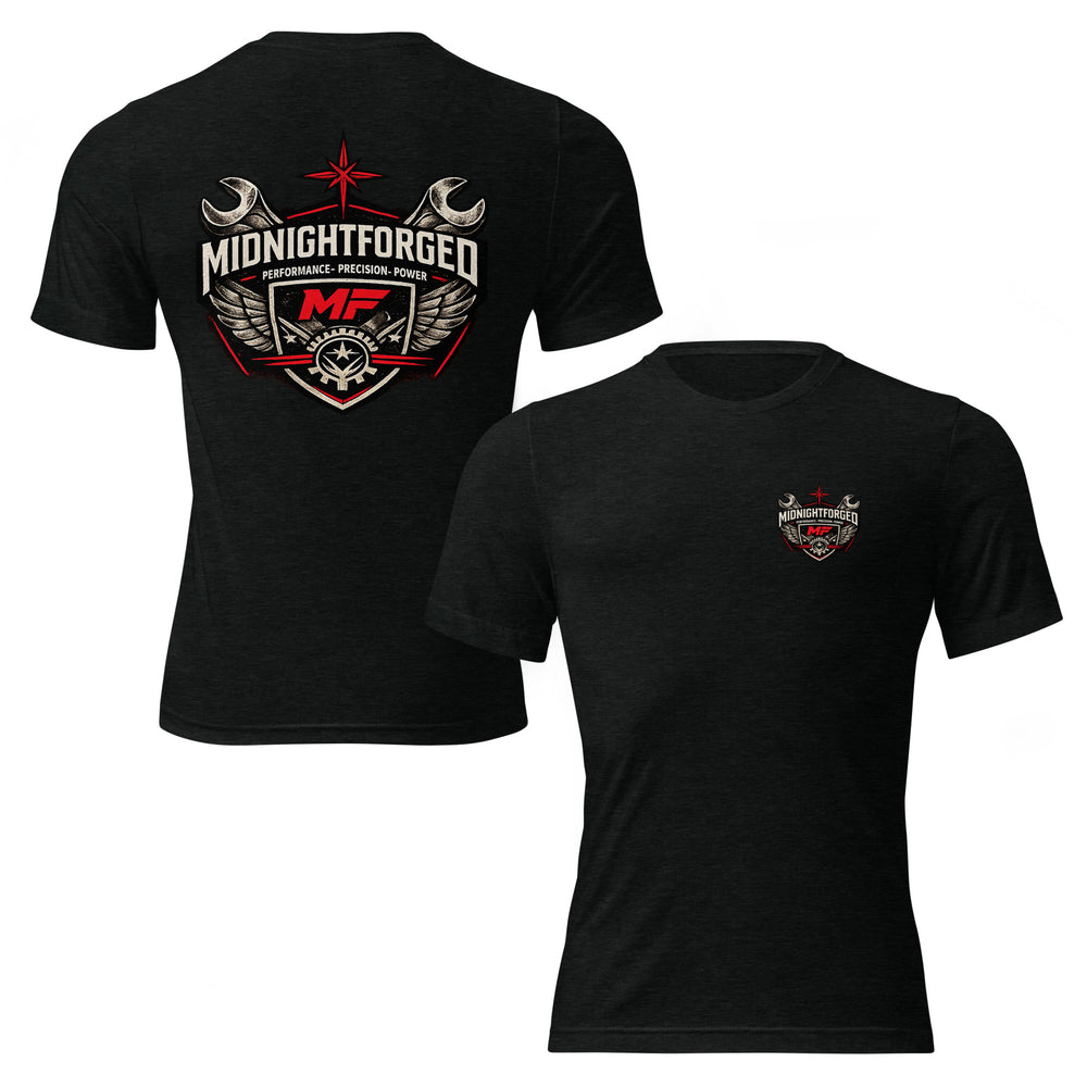 Midnight Forged Tri-Blend Garage Tee in Solid Black Triblend — front and back product view