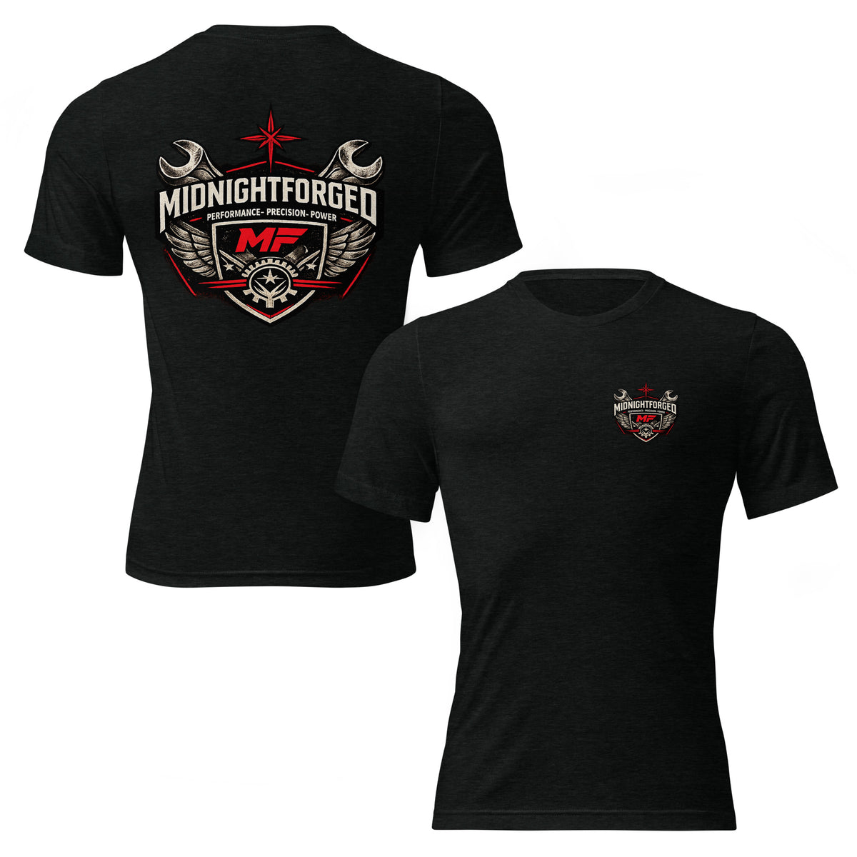 Midnight Forged Tri-Blend Garage Tee in Solid Black Triblend — front and back product view