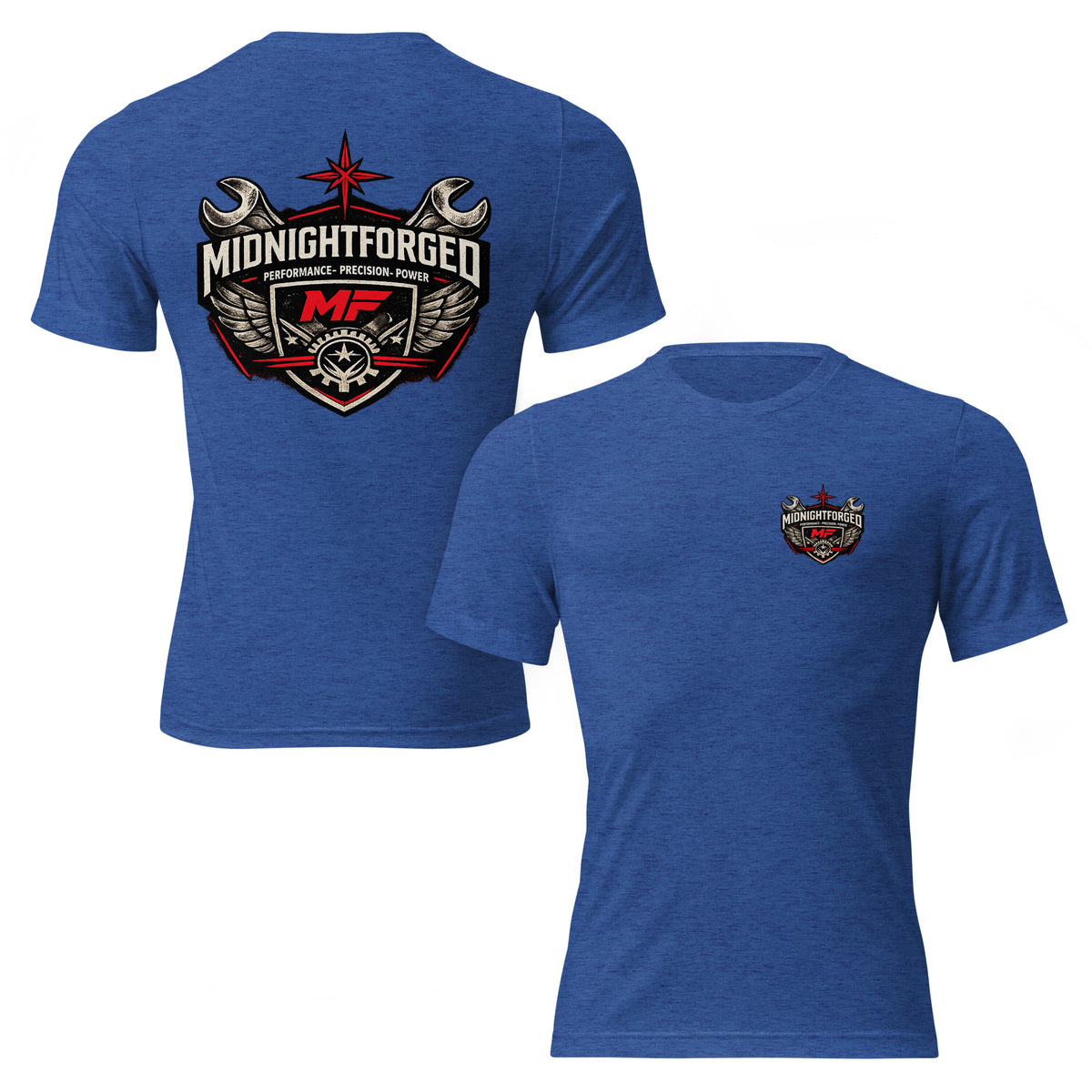 Midnight Forged Tri-Blend Garage Tee in True Royal Triblend — front and back product view