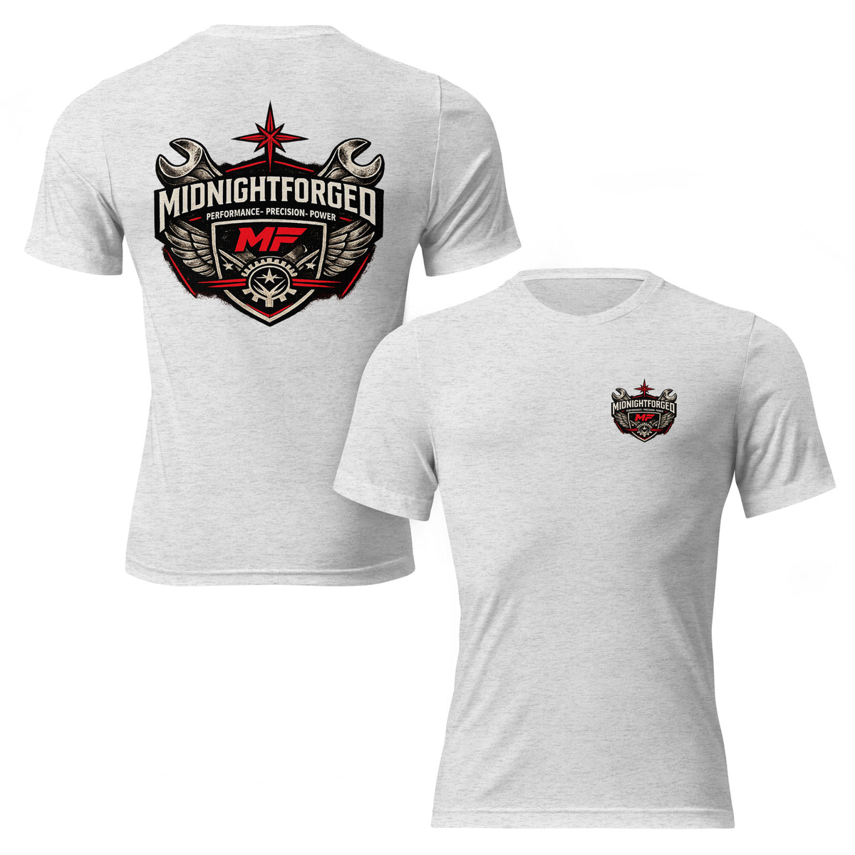Midnight Forged Tri-Blend Garage Tee in White Fleck Triblend — front and back product view